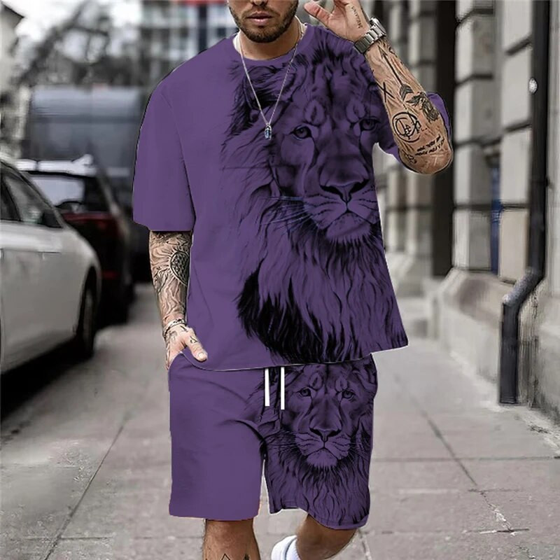 Suures suuruses 3D Lion Print meeste lahedate T-särkide lühikeste pükste komplekt Sportimiseks, fitnessiks Summer Street Style Oversized Graphic 2 tk Meeste riided
