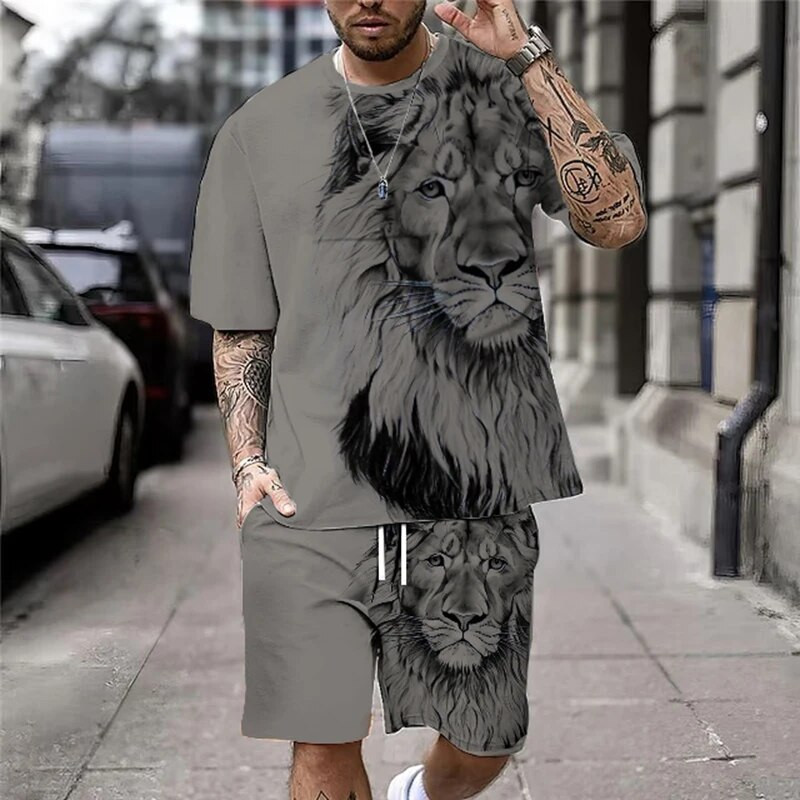 Suures suuruses 3D Lion Print meeste lahedate T-särkide lühikeste pükste komplekt Sportimiseks, fitnessiks Summer Street Style Oversized Graphic 2 tk Meeste riided