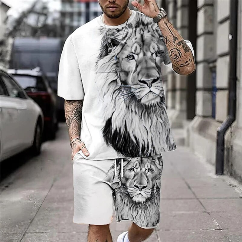 Suures suuruses 3D Lion Print meeste lahedate T-särkide lühikeste pükste komplekt Sportimiseks, fitnessiks Summer Street Style Oversized Graphic 2 tk Meeste riided
