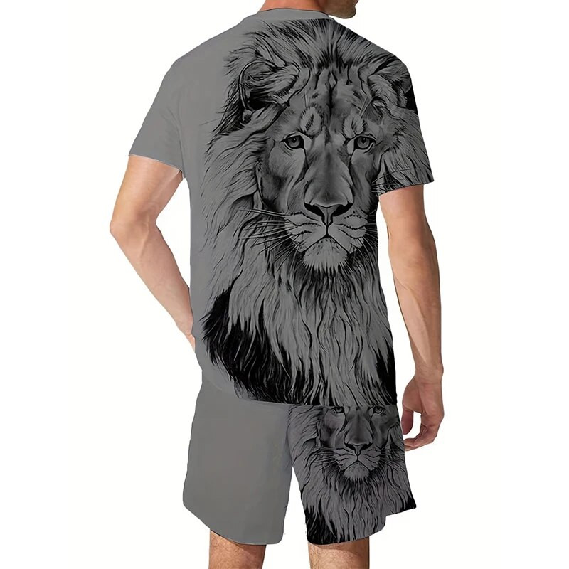 Suures suuruses 3D Lion Print meeste lahedate T-särkide lühikeste pükste komplekt Sportimiseks, fitnessiks Summer Street Style Oversized Graphic 2 tk Meeste riided