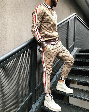 Нов кариран спортен костюм Мъжки комплекти Джентълменско яке Спортно облекло Мъжки спортен костюм 3D печат Комплект от 2 части Спортни панталони Chandals Мъжки дрехи