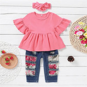 Дрехи за бебета за момичета, розови, горнища с кльощави ръкави + дънки с флорални дупки + лента за глава 3 бр. Комплект дрехи за бебе 3-12 месеца