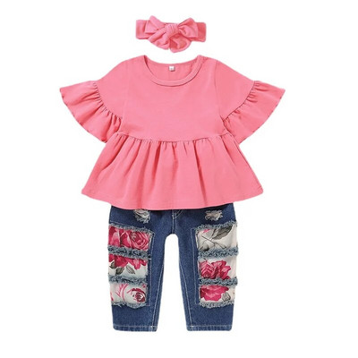 Дрехи за бебета за момичета, розови, горнища с кльощави ръкави + дънки с флорални дупки + лента за глава 3 бр. Комплект дрехи за бебе 3-12 месеца