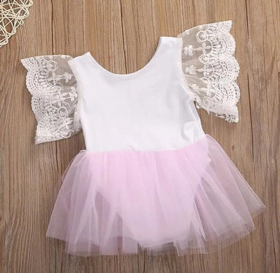 Дантелена рокля с ръкави на цветя Деца Бебешки момичета Розови гащеризони Дантелена рокля Туту Дрехи Тоалети