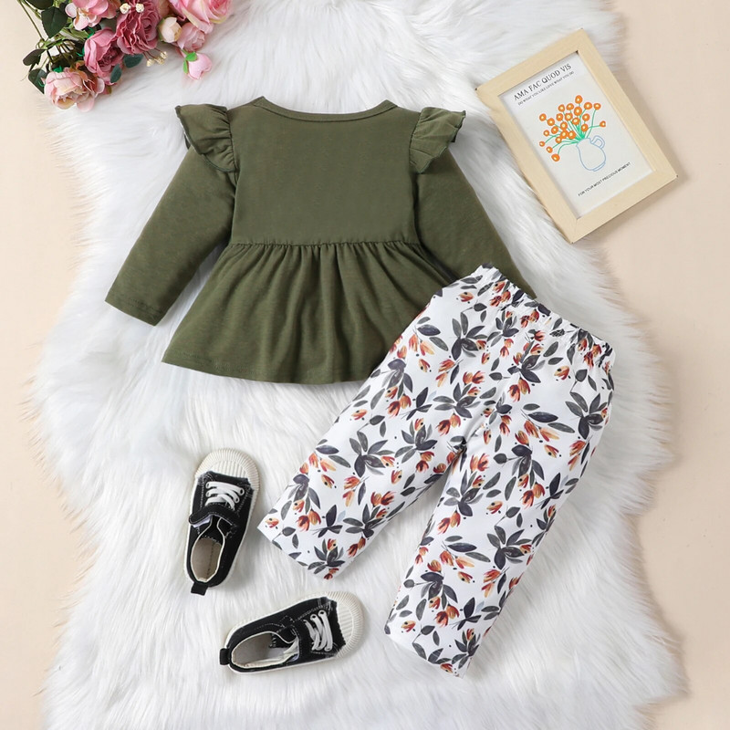 2 vnt. Žavingas pavasario ir rudens aprangos rinkinys naujagimiams – skraidančios rankovės ilgomis rankovėmis apkarpytos kelnės ir kelnės