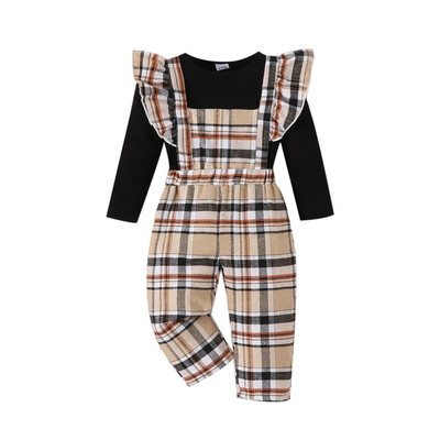 Комплект от 2 бр. 2023 г. Мода за бебета за момичета Чисто черна тениска с дълъг ръкав Ежедневни гащеризони Панталони Бебешко новородено Пролетно и есенно облекло