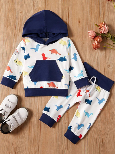 Бебе момче Суичър с качулка с щампа на анимационен динозавър с джоб тип "кенгуру" + комплект панталони с дълъг ръкав и шнур на талията