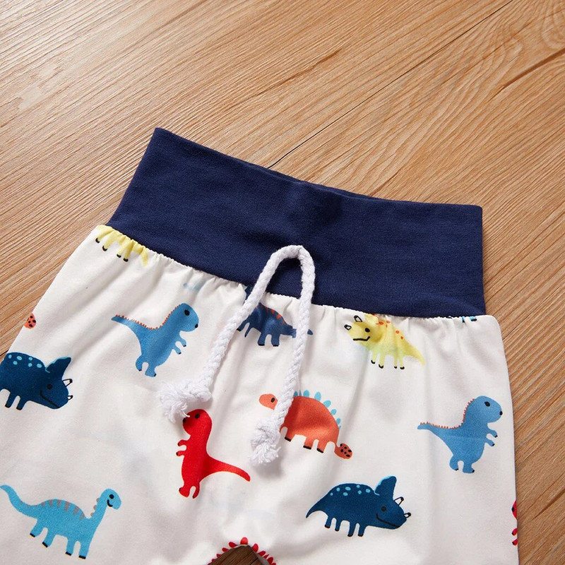 Бебе момче Суичър с качулка с щампа на анимационен динозавър с джоб тип "кенгуру" + комплект панталони с дълъг ръкав и шнур на талията