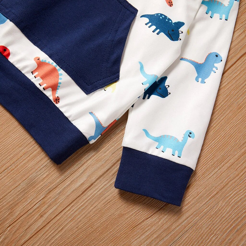 Бебе момче Суичър с качулка с щампа на анимационен динозавър с джоб тип "кенгуру" + комплект панталони с дълъг ръкав и шнур на талията