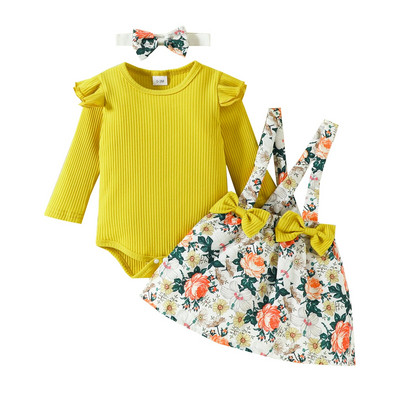 BeQeuewll Есенни екипи за бебета и момичета Комплект дрехи за новородено за 0-18 месеца с дълъг ръкав и пола с тиранти и лента