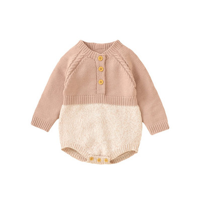 Зимни плетени дрехи за новородени Бебешки пуловер за момичета Момчета Гащеризон с дълъг ръкав с контрастни цветни копчета Плетена на една кука костюм за бебета