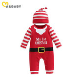 ma&baby 0-18m Коледен гащеризон за новородено бебе Костюм на Дядо Коледа Раиран гащеризон с щампа на букви с дълъг ръкав Шапка Коледни екипи D05