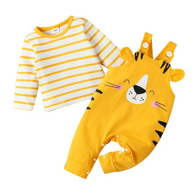 3-24M Бебешко облекло Костюм Обикновено горнище с дълги ръкави на жълто и бяло райе + сладки анимационни тиранти с малко тигърче