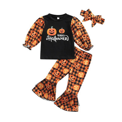 Прохождащи бебета Момичета Хелоуин Деня на благодарността Коледни екипи с дълъг ръкав Горнища с щампа с камбанка Комплект разкроени панталони