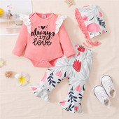 0-18 месеца Ежедневен комплект дрехи за новородено момиченце, щампа с букви Гащеризон с дълъг ръкав+панталон+сладка шапка Есенно ежедневно облекло от 3 бр.