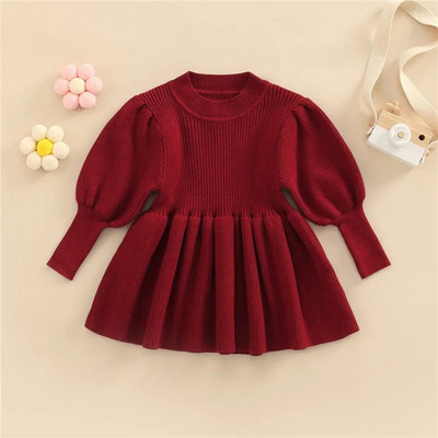 0-36 месеца Есенно-зимна есенно-зимна рокля за момичета Едноцветна плетена пуловерна рокля с дълъг ръкав и кръгло деколте за бебета момичета