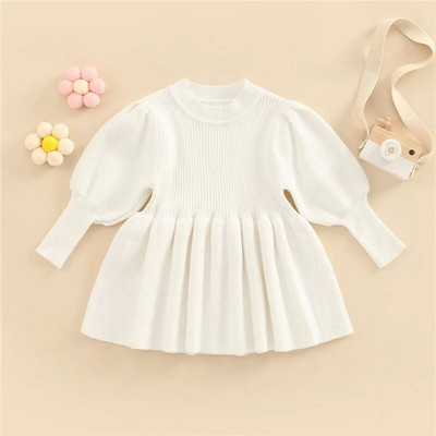 0-36 месеца Есенно-зимна есенно-зимна рокля за момичета Едноцветна плетена пуловерна рокля с дълъг ръкав и кръгло деколте за бебета момичета