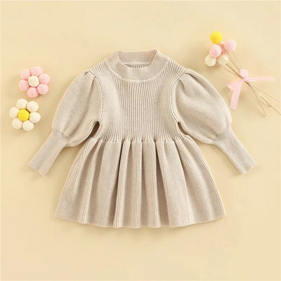 0-36 месеца Есенно-зимна есенно-зимна рокля за момичета Едноцветна плетена пуловерна рокля с дълъг ръкав и кръгло деколте за бебета момичета