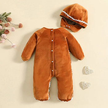 Новородено Бебе Gingerbread Man Rompers + Hat Коледен прекрасен плюшен гащеризон с дълъг ръкав за бебета, момиче, момче, костюм