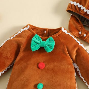 Новородено Бебе Gingerbread Man Rompers + Hat Коледен прекрасен плюшен гащеризон с дълъг ръкав за бебета, момиче, момче, костюм