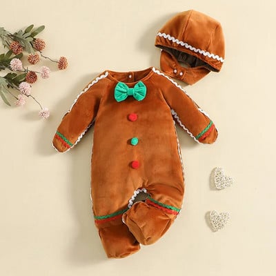 Новородено Бебе Gingerbread Man Rompers + Hat Коледен прекрасен плюшен гащеризон с дълъг ръкав за бебета, момиче, момче, костюм