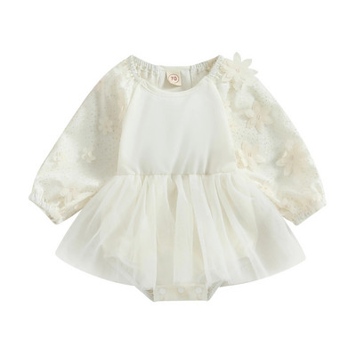 BeQeuewll Пролетна гащеризон за бебета и момичета, рокля с пайети, 3D цветя, прежди, пола, снаждаща се с дълъг ръкав и кръгло деколте