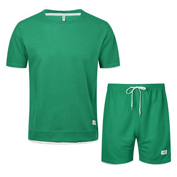 Нови мъжки ежедневни комплекти Плътен анцуг Harajuku Тениска + къси панталони Комплект екипировка от две части Летен мъжки спортен костюм Jogger Ленен плат