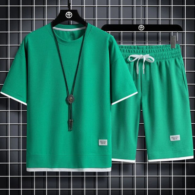 Нови мъжки ежедневни комплекти Плътен анцуг Harajuku Тениска + къси панталони Комплект екипировка от две части Летен мъжки спортен костюм Jogger Ленен плат