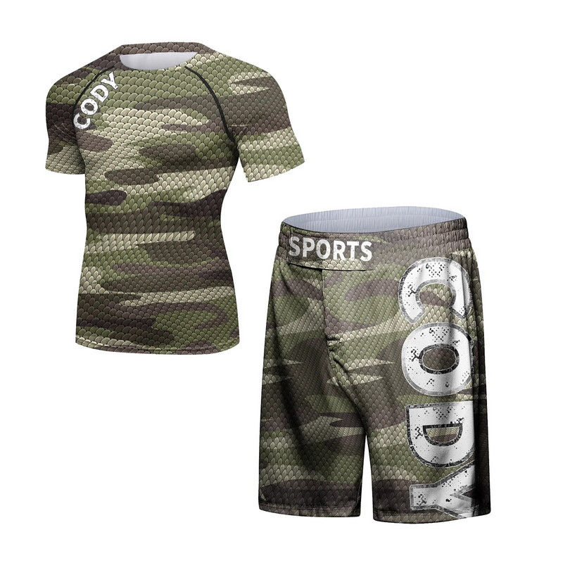 Мъжки компресионни спортни костюми Чорапогащи за фитнес Тренировъчно облекло Тренировка Анцуг за джогинг Камуфляжен комплект за кикбокс ММА Рашгард