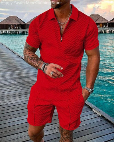 Мъжки комплекти Тениски Спортно облекло от две части Анцуг/Горници/Къси панталони Спортен ежедневен костюм Нова лятна мъжка поло тениска с цип + Комплект къси панталони