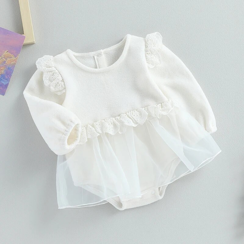 BeQeuewll Baby Girls Romper Dress Дантелени гащеризони с дълъг ръкав за новородени бебета Малки деца Сладки дрехи за 0-24 месеца