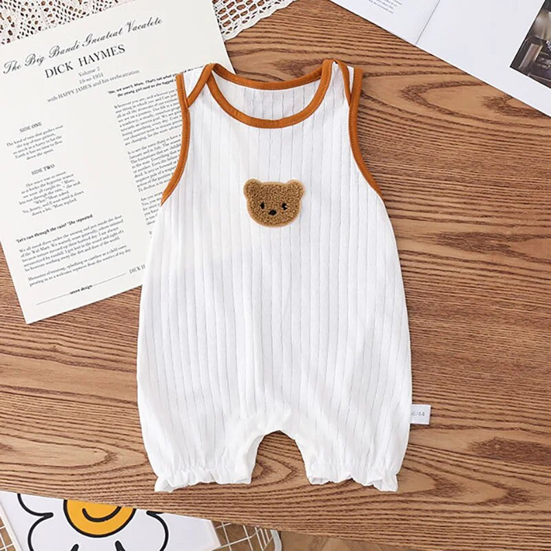 Летен гащеризон за новородено Бяло мече Бебешки гащеризони Мек муселин без ръкави Дрехи за бебета Момчета Момичета Спално облекло за малки деца Детско облекло