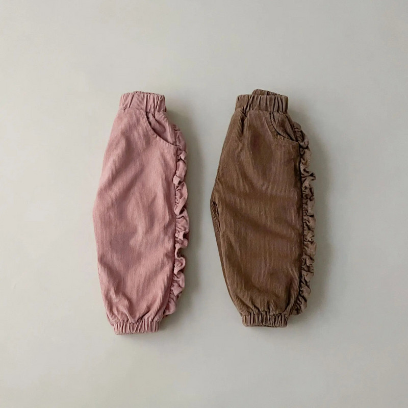 Есен Зима Бебешки ретро волани плюс кадифени панталони от рипсено кадифе Прохождащо момиче Плътни поларени дебели ежедневни панталони Детски памучни панталони за момче
