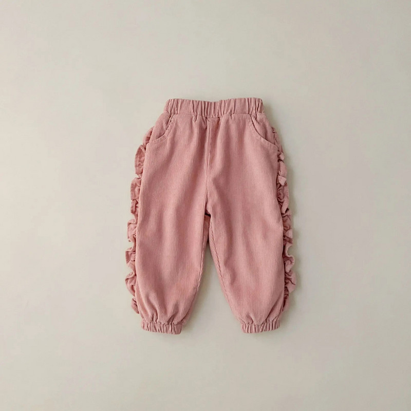 Есен Зима Бебешки ретро волани плюс кадифени панталони от рипсено кадифе Прохождащо момиче Плътни поларени дебели ежедневни панталони Детски памучни панталони за момче