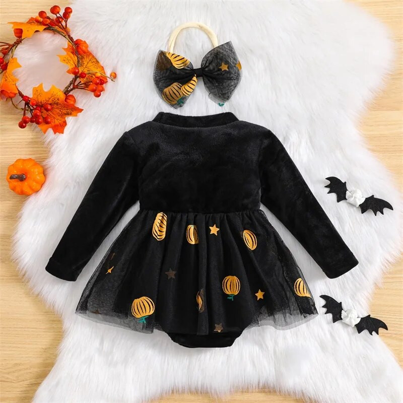 BeQeuewll Облекло за новородено момиче с дълъг ръкав и деколте с тиква с щампа от тюл, пачуърк, гащеризон с лента за глава, дрехи за Хелоуин