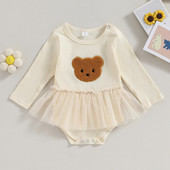 BeQeuewll Baby Girls For Fall Mesh Romper Dress Bear Pattern Long Sleeve Sleeve Comsuits for Novoboran Beba Прохождащо дете Сладки дрехи