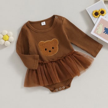 BeQeuewll Baby Girls For Fall Mesh Romper Dress Bear Pattern Long Sleeve Sleeve Comsuits for Novoboran Beba Прохождащо дете Сладки дрехи