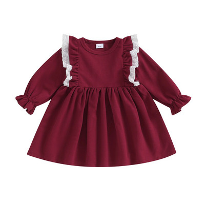 BeQeuewll Прохождащо момиче, сладка рокля с A-силует, разрошена дантелена пачуърк рокля с дълъг ръкав и кръгло деколте за пролет есен за 6-36 месеца