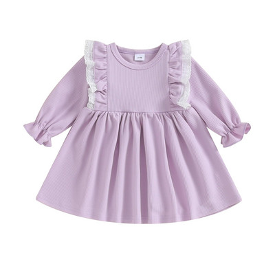 BeQeuewll Прохождащо момиче, сладка рокля с A-силует, разрошена дантелена пачуърк рокля с дълъг ръкав и кръгло деколте за пролет есен за 6-36 месеца