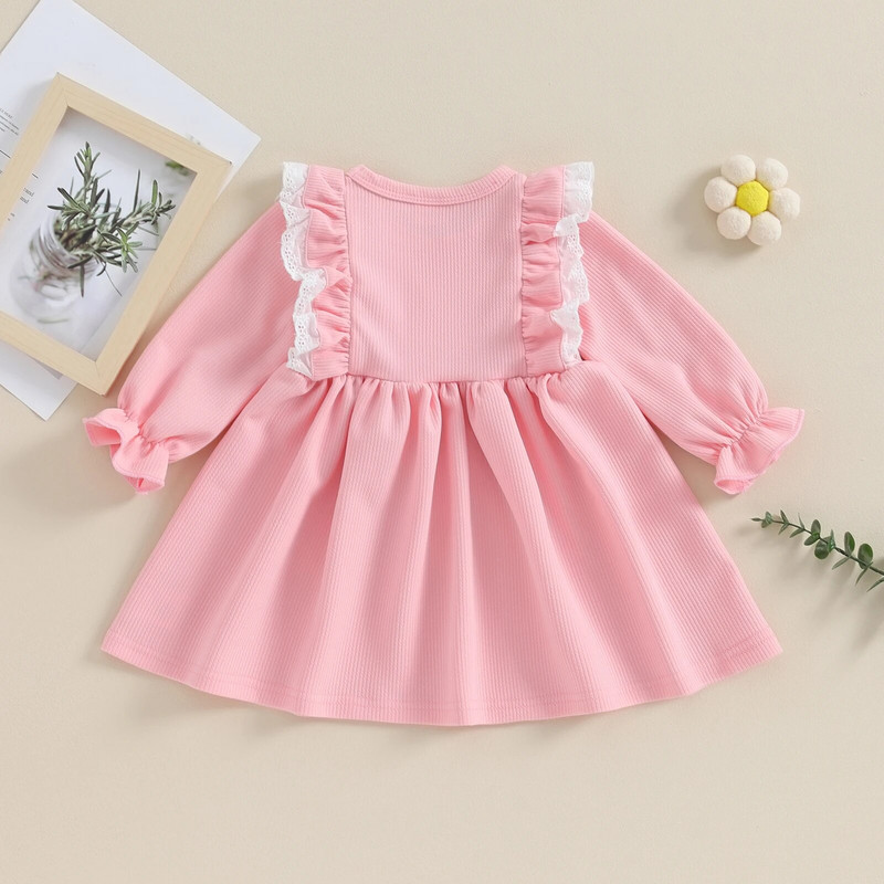 BeQeuewll Прохождащо момиче, сладка рокля с A-силует, разрошена дантелена пачуърк рокля с дълъг ръкав и кръгло деколте за пролет есен за 6-36 месеца