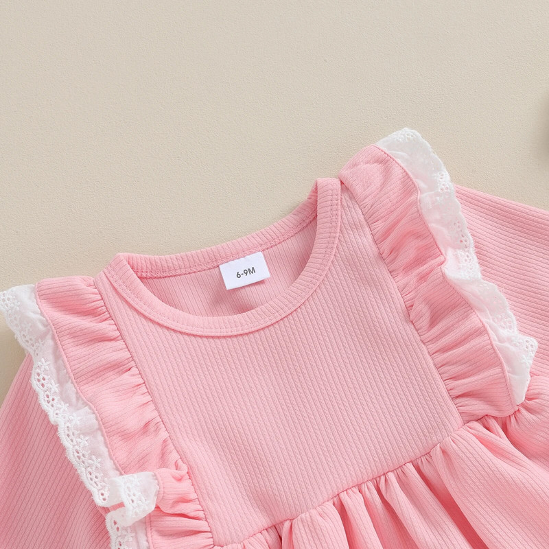 BeQeuewll Прохождащо момиче, сладка рокля с A-силует, разрошена дантелена пачуърк рокля с дълъг ръкав и кръгло деколте за пролет есен за 6-36 месеца