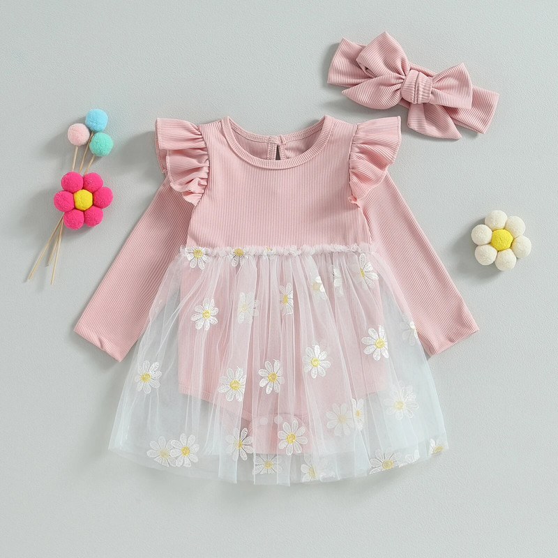 BeQeuewll Бебешки момичета Есенна рокля с волани с дълъг ръкав Мрежести дрехи на принцеса с флорална бродерия и лента за глава