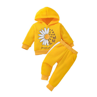 2 бр. Зимни комплекти за бебета момичета Горнище с качулка с дълъг ръкав и дълги панталони с принт на цветя Бебешки тоалети за новородени 0-24M