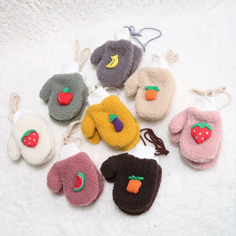 Дебели плюшени топли бебешки ръкавици Зимни плюс кадифени ръкавици Деца Детски коралови поларени плодови ръкавици за 1-6 години