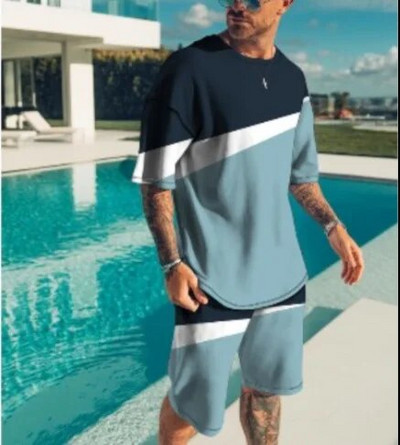 Европейски и американски летен мъжки костюм тенденция ежедневен плаж тениска с къс ръкав 3D дигитално отпечатана тениска шорти спортен костюм O