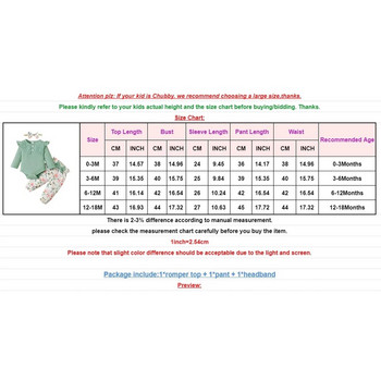 0-18 месеца Ежедневен комплект дрехи за бебе момиче Зелена горна гащеризон с дълъг ръкав + Панталон на цветя с лента за глава Пролетно прекрасно облекло от 3 бр.