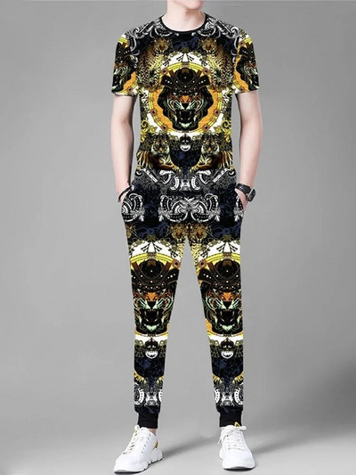 Лятна нова ледена копринена тениска с къс ръкав Мъжки костюм 3D печат Животно Тигър Вълк Модел Спорт и свободно време Мъжко облекло