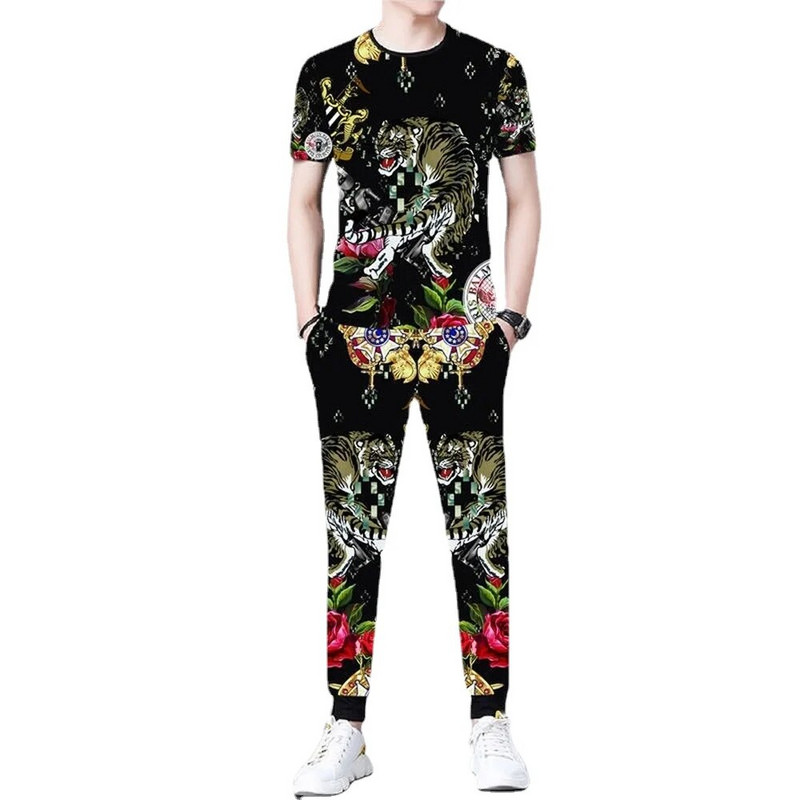 Лятна нова ледена копринена тениска с къс ръкав Мъжки костюм 3D печат Животно Тигър Вълк Модел Спорт и свободно време Мъжко облекло