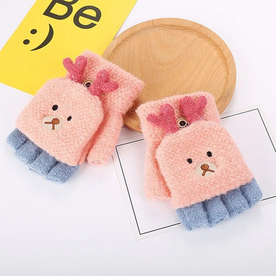 Зимни коледни детски топли ръкавици Начално училище Кашмирени плетени флип ръкавици с половин пръст Ръкавици с анимационен лос, ръкавици за момчета и момичета