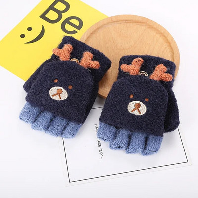 Зимни коледни детски топли ръкавици Начално училище Кашмирени плетени флип ръкавици с половин пръст Ръкавици с анимационен лос, ръкавици за момчета и момичета